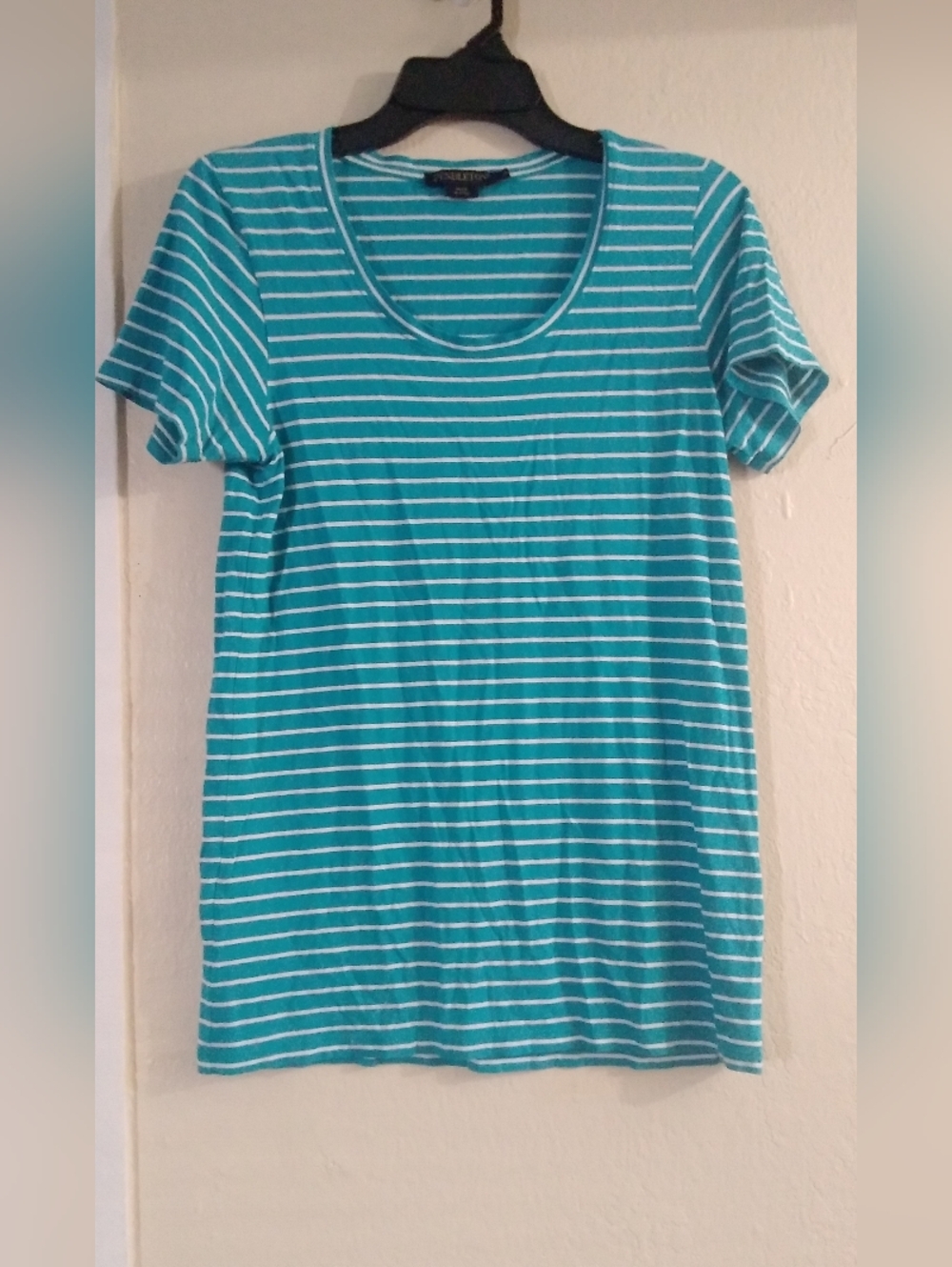 Pendleton Shirt Top Scoop Neck Teal White Striped Short Sleeve Tee Med Cotton